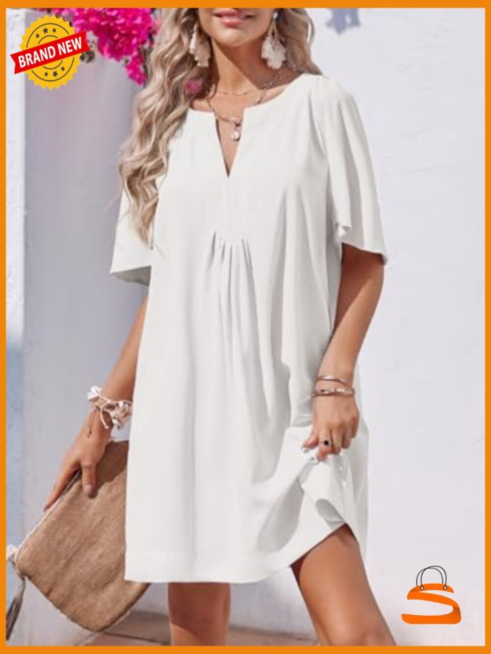 Flutter Short Sleeve Mini Dress V Neck Loose Flowy Summer Shift - Picture 4 of 7